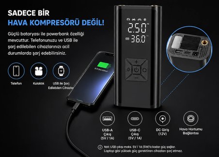 Kablosuz Hava Kompresörü 150 PSI 6000 mAh Dijital Lastik Şişirme Pompası 120W LED Ekranlı Taşınabilir