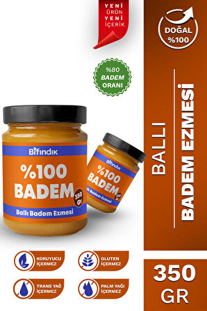 Ballı Badem Ezmesi Katkısız Taze Çekim Doğal Sürülebilir Kahvaltılık %80 Badem Ezmesi 350 gram