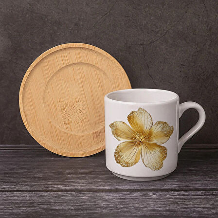 Gold Çiçek Desenli Ahşap Altlıklı Tekli Kahve Fincanı