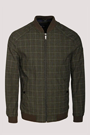 Erkek Bomber Ceket Haki Keten Karışım Slim Fit Ekose Kare Desenli Ribana İnce Astar Ceket NCS JEANS 4984