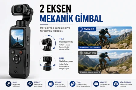 4K Vlog Kamerası 64MP 2 Eksen Mekanik Gimbal 330° Akıllı Yüz Takibi 1.7'' HD Dokunmatik Ekran WiFi Webcam Type-C