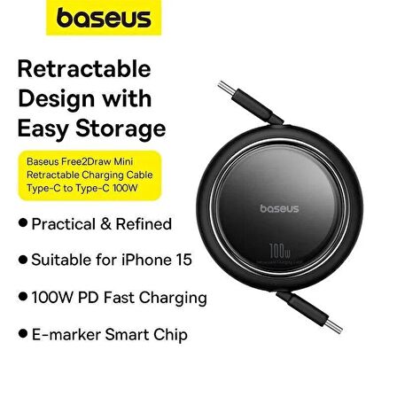 Baseus 100W Süper Hızlı 1 Metre Makaralı Uzayabilen Type C To Type C Şarj ve Data Kablosu, Geri Çekilebilen Karışmaz