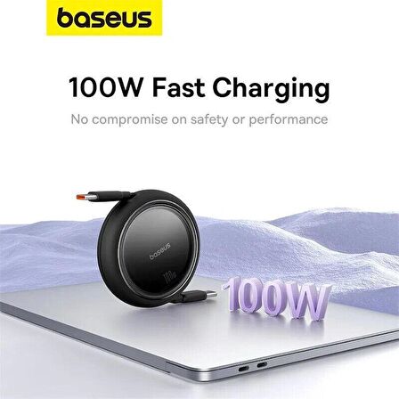 Baseus 100W Süper Hızlı 1 Metre Makaralı Uzayabilen Type C To Type C Şarj ve Data Kablosu, Geri Çekilebilen Karışmaz