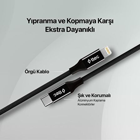 Ttec 20W 1.5 Metre Type C To İphone Lightning Şarj ve Data Kablosu, Örgü Halat Tipi 20W Lightning Kablo