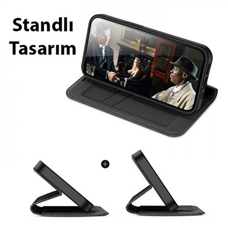 Polham Standlı Cüzdanlı İphone 14 Pro 6.1 Uym Kapaklı Ful Korumalı Kılıf, PU Deri Manyetik Kapak