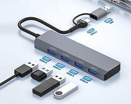 Coofbe 4in1 USB Ve Type-C to USB Çoğaltıcı Çevirici Hub USB to 4x USB3.0 Çevirici Dönüştürücü Hub