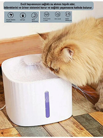 Kedi Köpek Su Pınarı Otomatik Kedi Su Şelalesi, Led Işıklı Kedi Su Sebili, Ultra Sessiz 3 Litre