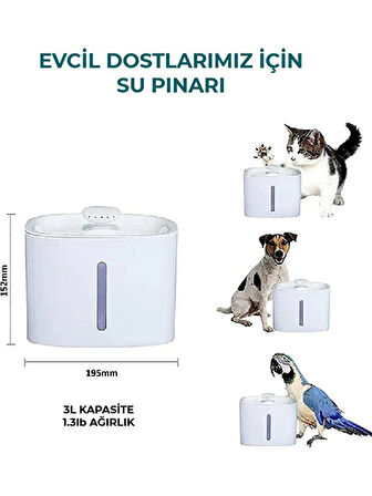 Kedi Köpek Su Pınarı Otomatik Kedi Su Şelalesi, Led Işıklı Kedi Su Sebili, Ultra Sessiz 3 Litre