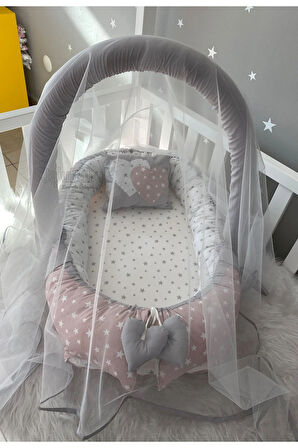 Babynest Pudra Yıldız Desenli Cibinlik Tüllü Ve Oyuncak Askılı Lüx Tasarım Jaju-babynest Anne Yanı