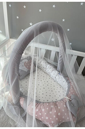 Babynest Pudra Yıldız Desenli Cibinlik Tüllü Ve Oyuncak Askılı Lüx Tasarım Jaju-babynest Anne Yanı