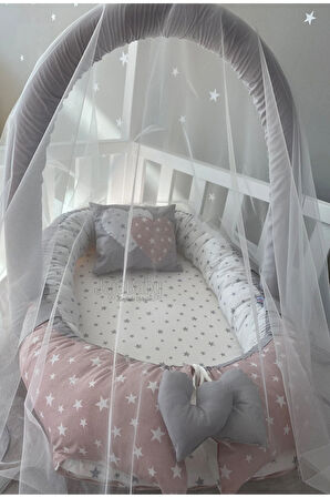 Babynest Pudra Yıldız Desenli Cibinlik Tüllü Ve Oyuncak Askılı Lüx Tasarım Jaju-babynest Anne Yanı