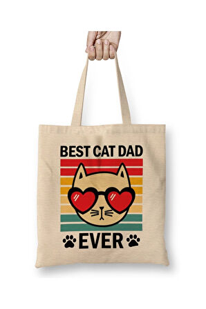 Best Cat Dad Ever Retro Kedi Babası Cats Lover Dads Aşk Kedi Beyaz Bez Çanta Uzun Saplı