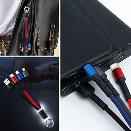 Işıklı Anahtarlık Model 3 in 1 USB Çıkışlı MİKRO,TYPE-C ve İphone Uyumlu Şarj Kablosu (4987)