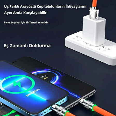 3 in 1 Type-C + Micro Usb + Lightning Hızlı Şarj Kablosu Silikon Kablo 1 Metre Opp Ambalaj (4987)