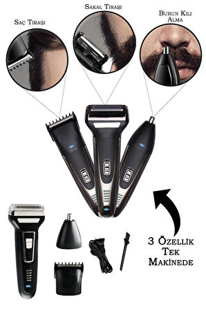 3 in 1 Saç Sakal Kesme Ense Burun Tıraş Makinesi Seti (4987)