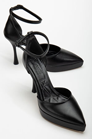 Edel Siyah Cilt Platformlu Sivri Burunlu Kalın Topuklu Ayakkabı  