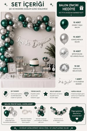 Dehaparty Doğum Günü Süsleme Seti Zümrüt Yeşil Gümüş Balon Banner Konfeti