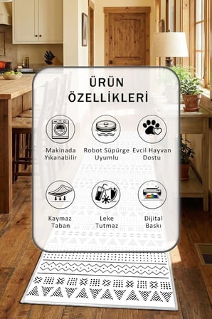 Sümer Beyaz Modern Mutfak Halısı Yıkanabilir Kaymaz Su İtici