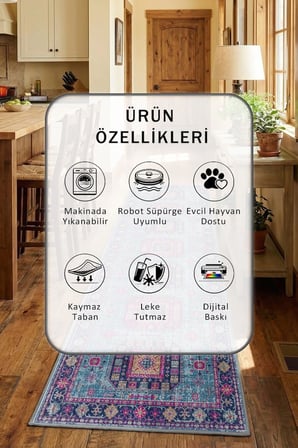Vintage 221 Gri Mutfak Halısı Yıkanabilir Kaymaz Leke Tutmaz Dijital Baskı