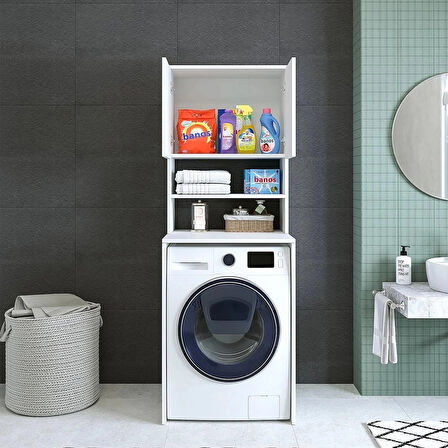 Reyo Bonos Çamaşır Makinesi Dolabı 3 Raflı 2 Kapaklı Banyo Dolabı Mat Beyaz