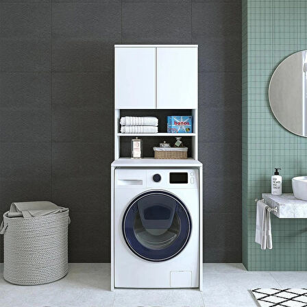 Reyo Bonos Çamaşır Makinesi Dolabı 3 Raflı 2 Kapaklı Banyo Dolabı Mat Beyaz