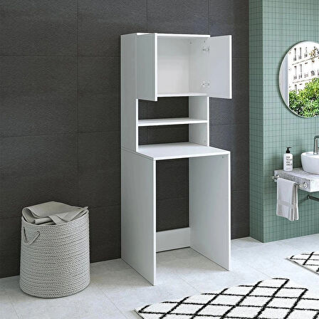 Reyo Bonos Çamaşır Makinesi Dolabı 3 Raflı 2 Kapaklı Banyo Dolabı Mat Beyaz