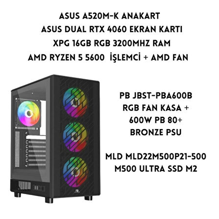 LYSERG PB A600B RGB Fan Kasa Amd Ryzen 5 5600 16 GB Ram 500 GB SSD Asus Dual RTX 4060 W11 Pro