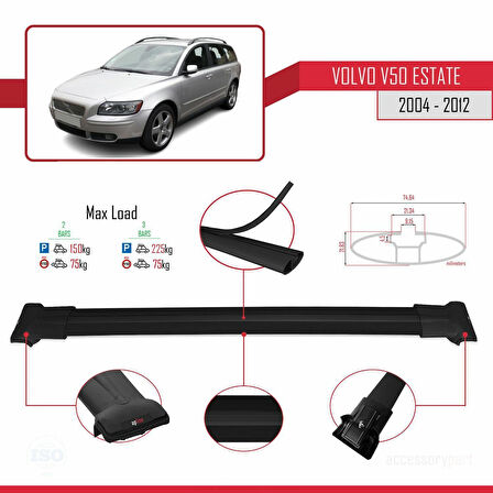 Volvo V50 2004-2012 Arası ile Uyumlu Fly Model Ara Atkı Tavan Barı Siyah 2 Adet