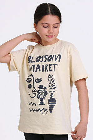 Krem Blossom Market Baskılı 4-12 Yaş Tişört - 2430-2