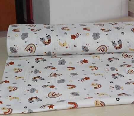 Gökkuşağı & Yıldızlar Deseni %100 Pamuk Müslin Kumaş 100*180 cm Metrelik Müslin Kumaş