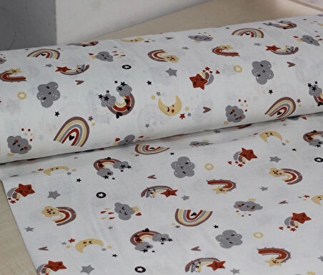 Gökkuşağı & Yıldızlar Deseni %100 Pamuk Müslin Kumaş 100*180 cm Metrelik Müslin Kumaş