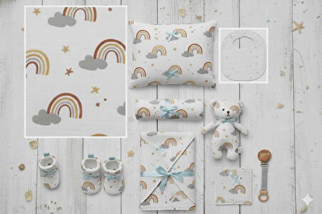 Gökkuşağı & Yıldızlar Deseni %100 Pamuk Müslin Kumaş 100*180 cm Metrelik Müslin Kumaş