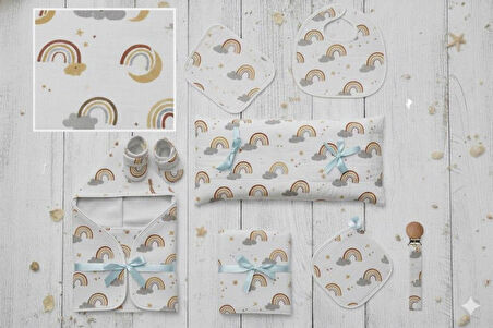 Gökkuşağı & Yıldızlar Deseni %100 Pamuk Müslin Kumaş 100*180 cm Metrelik Müslin Kumaş