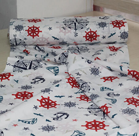 Denizci Temalı Çapa & Dümen Desenli Pamuklu Nevresimlik Kumaş 100*240 cm  Metrelik Çarşaf Yastık Ev Tekstil Kumaşı