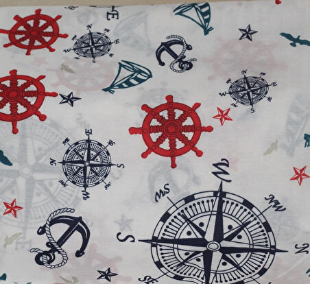 Denizci Temalı Çapa & Dümen Desenli Pamuklu Nevresimlik Kumaş 100*240 cm  Metrelik Çarşaf Yastık Ev Tekstil Kumaşı