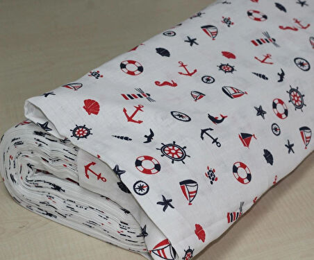 %100 Pamuk Denizci Temalı Çapa & Dümen Desenli Müslin Kumaş 100*180 cm Metrelik Müslin Kumaş