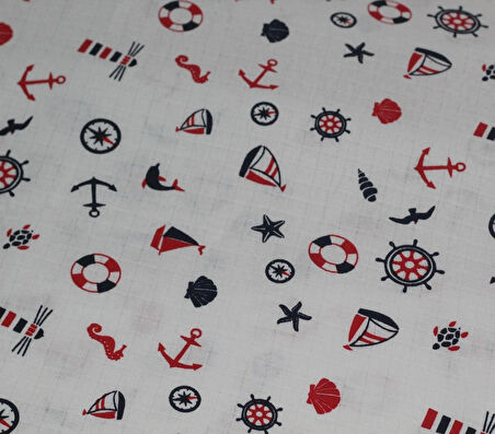 %100 Pamuk Denizci Temalı Çapa & Dümen Desenli Müslin Kumaş 100*180 cm Metrelik Müslin Kumaş