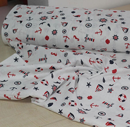 %100 Pamuk Denizci Temalı Çapa & Dümen Desenli Müslin Kumaş 100*180 cm Metrelik Müslin Kumaş