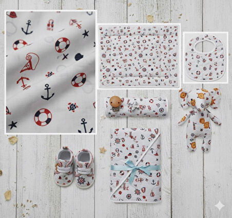 %100 Pamuk Denizci Temalı Çapa & Dümen Desenli Müslin Kumaş 100*180 cm Metrelik Müslin Kumaş