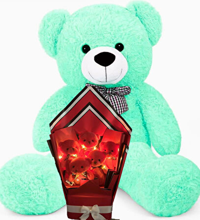 Sevimli 90 cm Peluş Ayı ile Led Peri Işıklı  Kırmızı Peluş Ayıcık Buketi