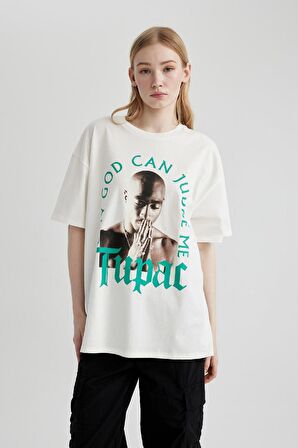 DeFacto Coool Tupac Shakur Oversize Geniş Kalıp Bisiklet Yaka Kısa Kollu Tişört C3802AX24SMWT32