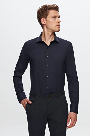 Slim Fit Lacivert Armürlü Gömlek 7HF02ORT02100