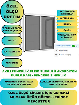 Plise Pileli Akordiyon Sürgülü Duble Kapı Sinekliği 0-240 En, 0-220 Boy
