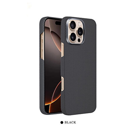 iPhone 16 Pro Max Uyumlu MagSafe Kevlar Karbon Fiber Kılıf (Siyah Temalı) – Şık ve Dayanıklı Tasarım