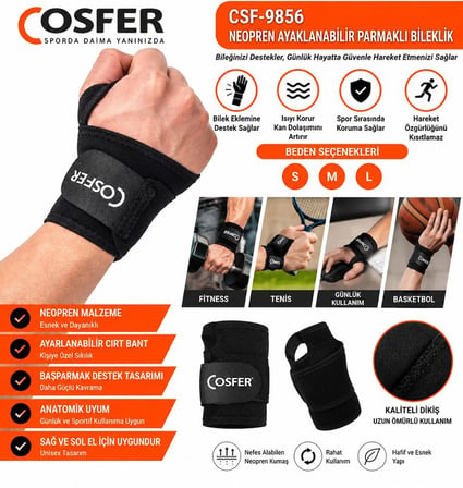 Delux Serisi Kadın Spor Bilek Destek Cosfer CSF9856 Neopren Ayarlanabilir Parmaklı El Bilekliği