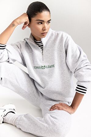 DeFactoFit Oversize Geniş Kalıp Dik Yaka Spor Baskılı Sporcu Sweatshirt D1701AX24AUGR93