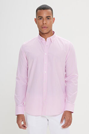 Slim Fit Dar Kesim Gizli Düğmeli Yaka Pamuklu Çizgili Gömlek