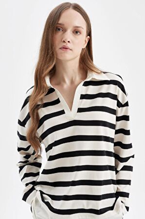 DeFacto Regular Fit Çizgili Polo Yaka Etek Ucu Detaylı Uzun Kollu Tişört Tunik D2183AX24AUBK81