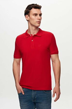 Regular Fit Kırmızı Pike Dokulu %100 Pamuk Kıvrılmaz Polo Yaka Nakışlı T-shirt 4HC14ORT51000