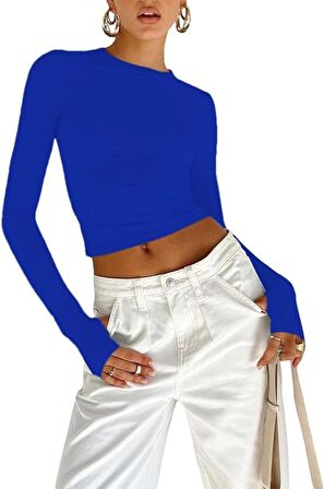 Mavi Bisiklet Yaka Bluz Darkalıp Ribana Kumaş Parmak Detaylı Basic Body